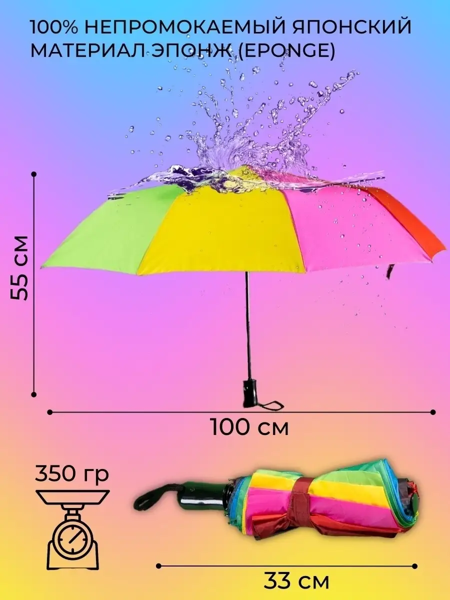 Зонт автомат женский складной радуга, зонтик радужный детски…
