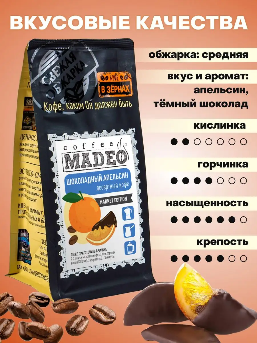 MADEO Зерновой кофе в зернах <b>Шоколадный</b> <b>апельсин</b> Мадео 200 г.